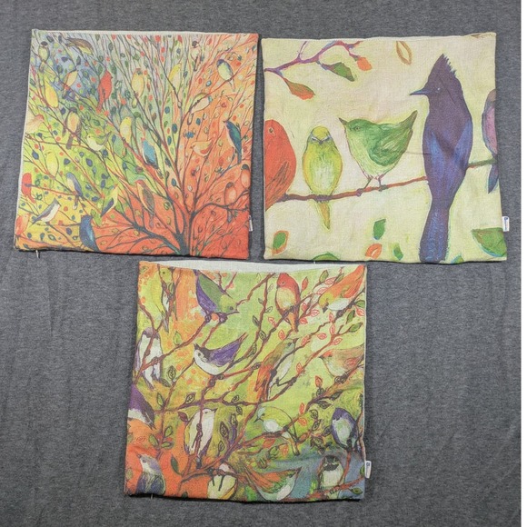 HappyTimeLOL Other - Set of 3 Throw Pillow Covers Burlap Birds Coloful 17"x17" Zipper Closing